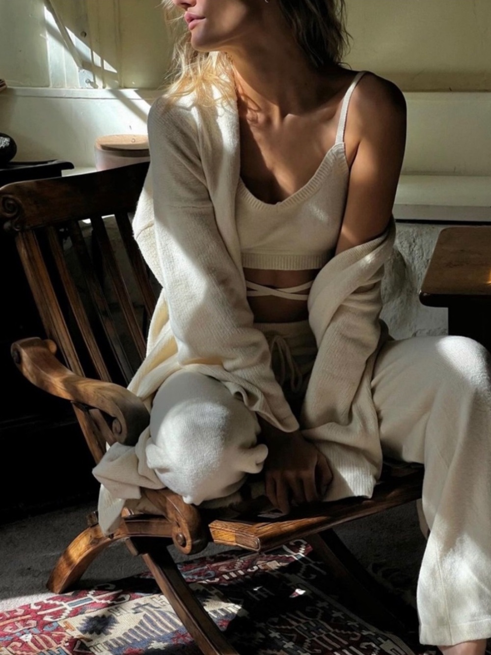 SET Active Cream Knit Bralette & Lounge Pants Matching Set